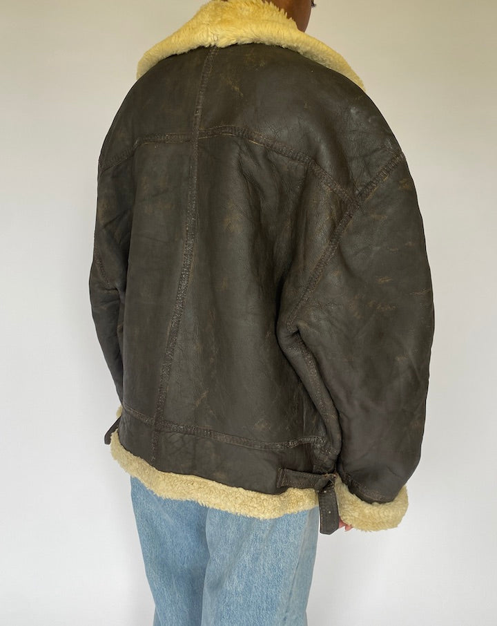 Vintage Oversized Brown Shearling Leather Jacket 4957