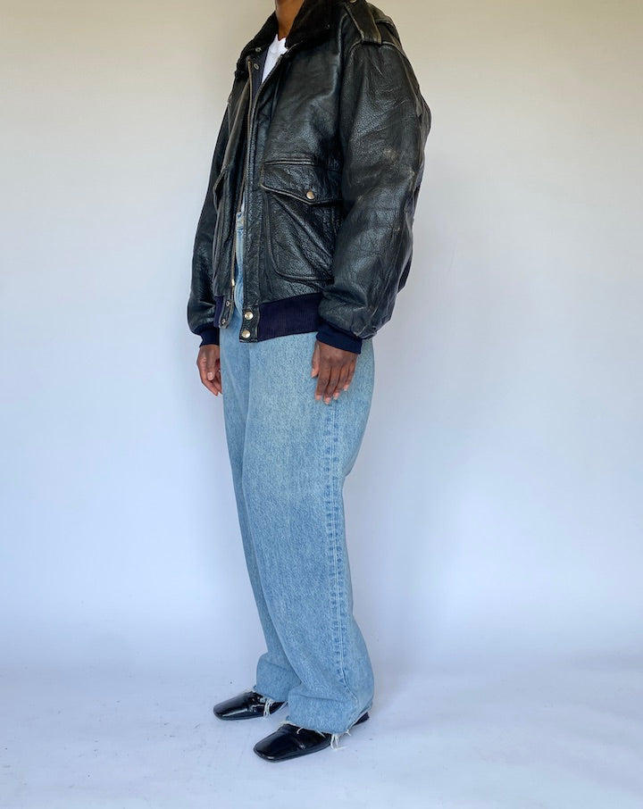 Vintage Oversized Black Bomber Like Leather Jacket 4982