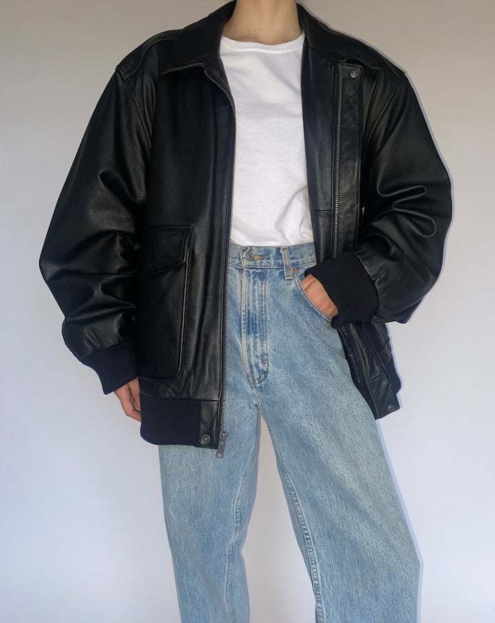 VINTAGE BLACK OVERSIZED LEATHER JACKET 4755