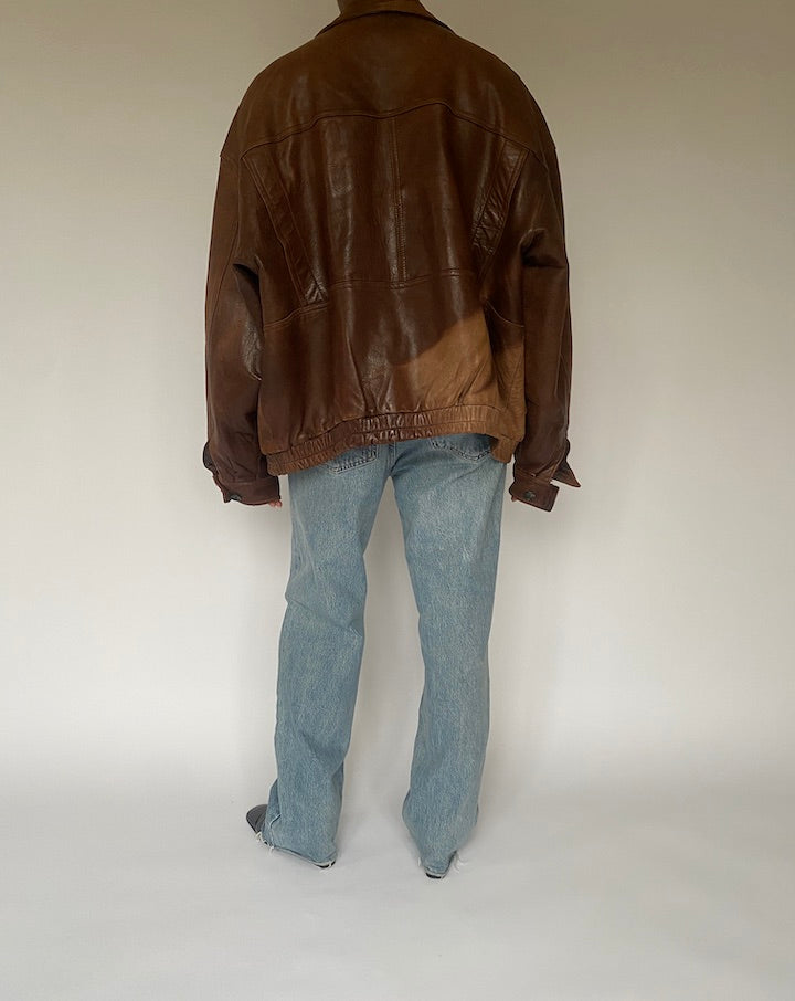 VINTAGE OVERSIZED BROWN BOMBER LEATHER JACKET 4876