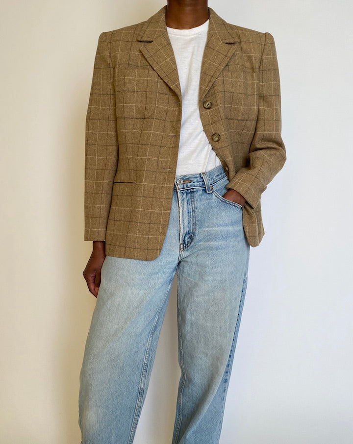 VINTAGE BEIGE CHECKED WOOL BLAZER 3955