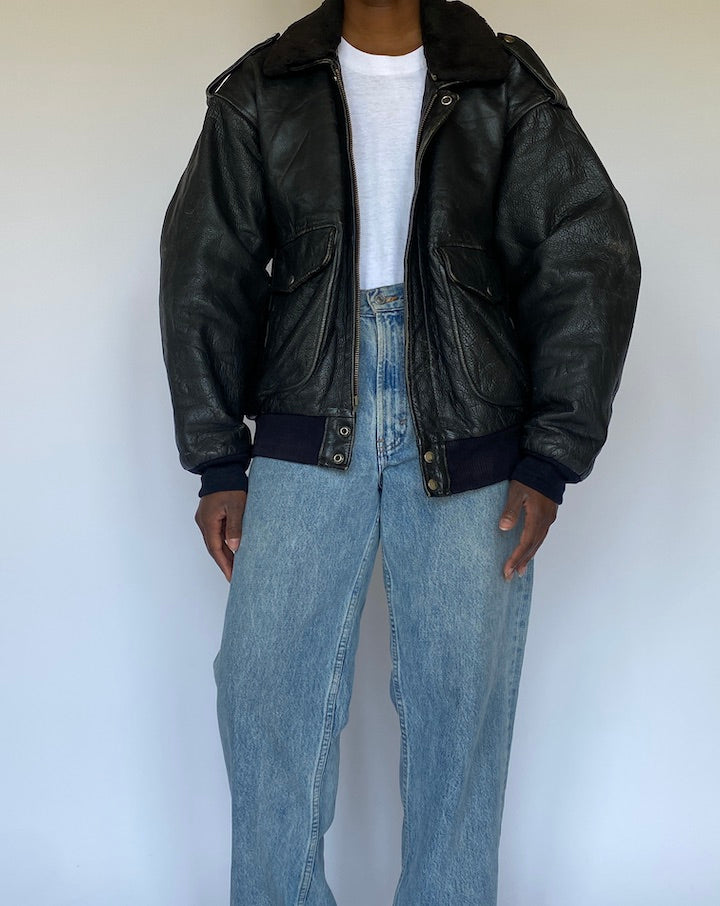 Vintage Oversized Black Bomber Like Leather Jacket 4982