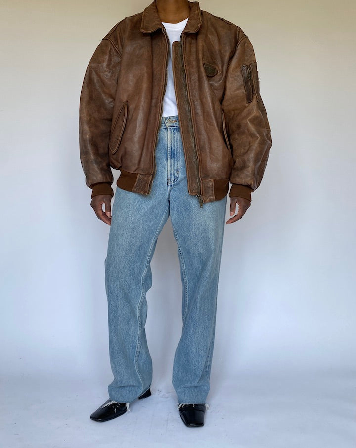 VINTAGE OVERSIZED BOMBER LIKE BROWN LEATHER JACKET 4966