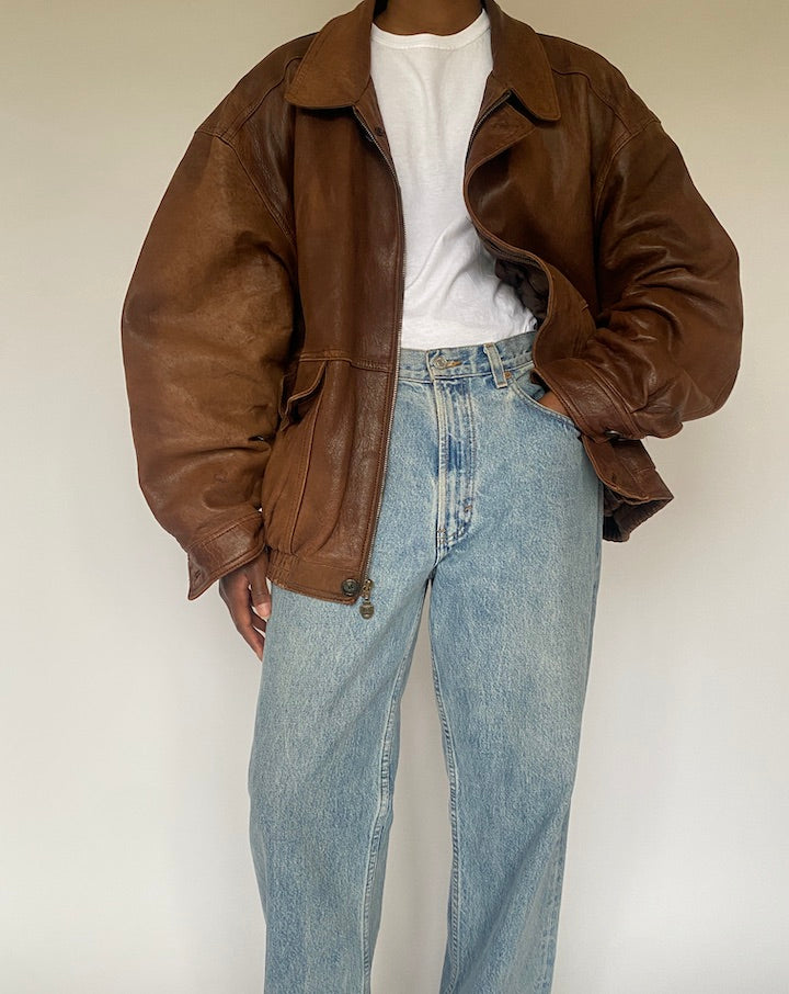 VINTAGE OVERSIZED BROWN BOMBER LEATHER JACKET 4876