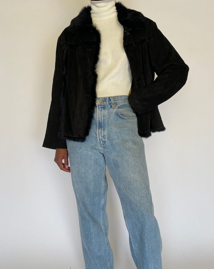VINTAGE BLACK LEATHER JACKET WITH FUR LINING 4485