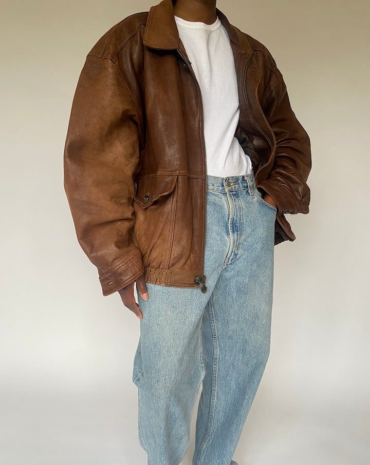 VINTAGE OVERSIZED BROWN BOMBER LEATHER JACKET 4876