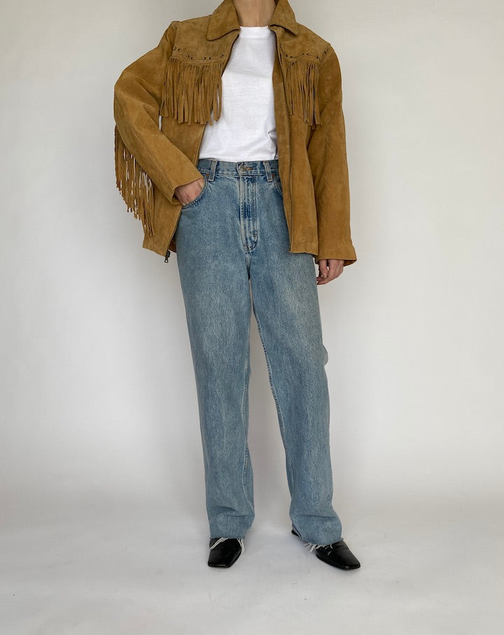 VINTAGE HONEY BROWN FRINGE SUEDE LEATHER JACKET 4785
