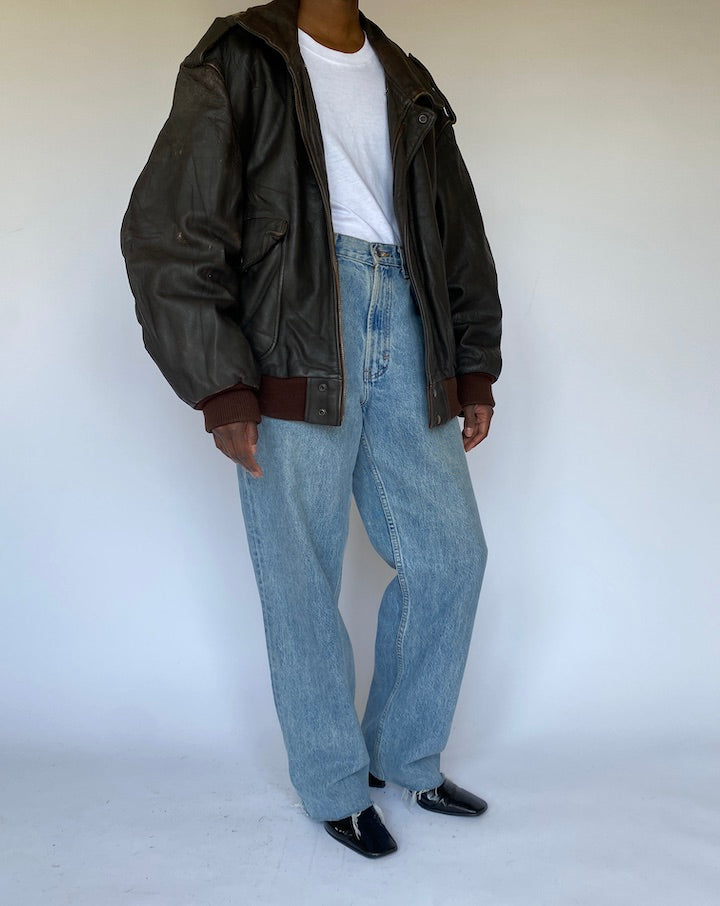 VINTAGE OVERSIZED DARK BROWN BOMBER LIKE LEATHER JACKET 4992