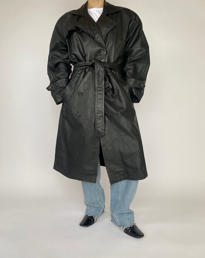 VINTAGE LONG BLACK LEATHER JACKET 4683