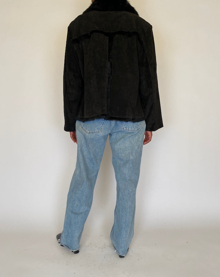 VINTAGE BLACK LEATHER JACKET WITH FUR LINING 4485