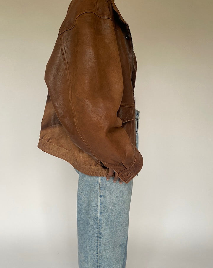 VINTAGE OVERSIZED BROWN BOMBER LEATHER JACKET 4876