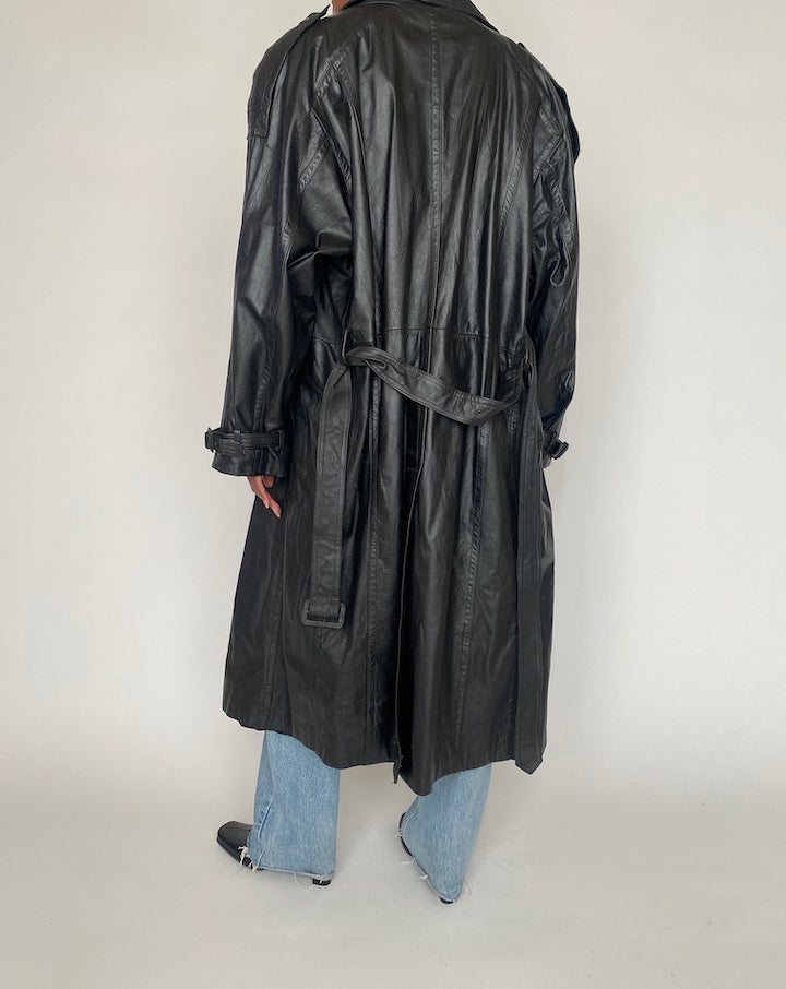 VINTAGE BLACK OVERSIZED LONG LEATHER COAT 4373