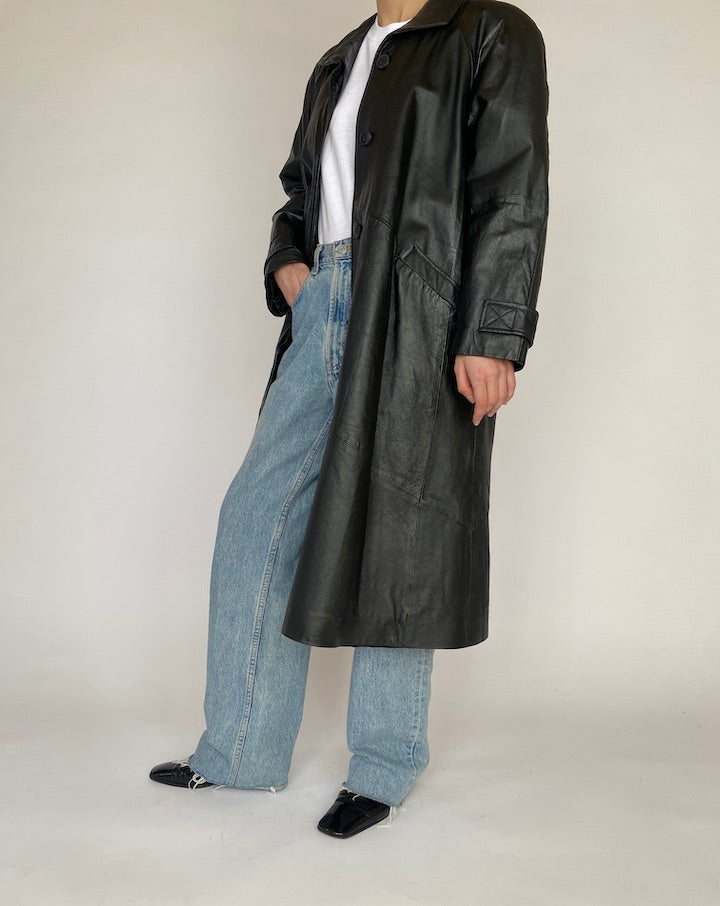 VINTAGE BLACK LONG LEATHER JACKET 4519