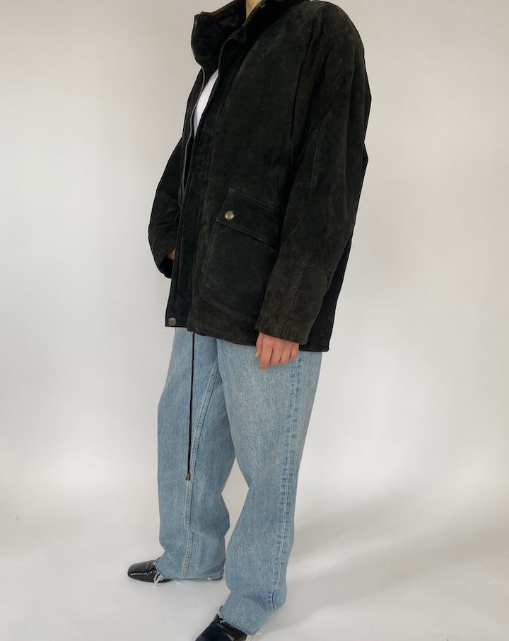 VINTAGE OVERSIZED BLACK SUEDE LEATHER JACKET 4703