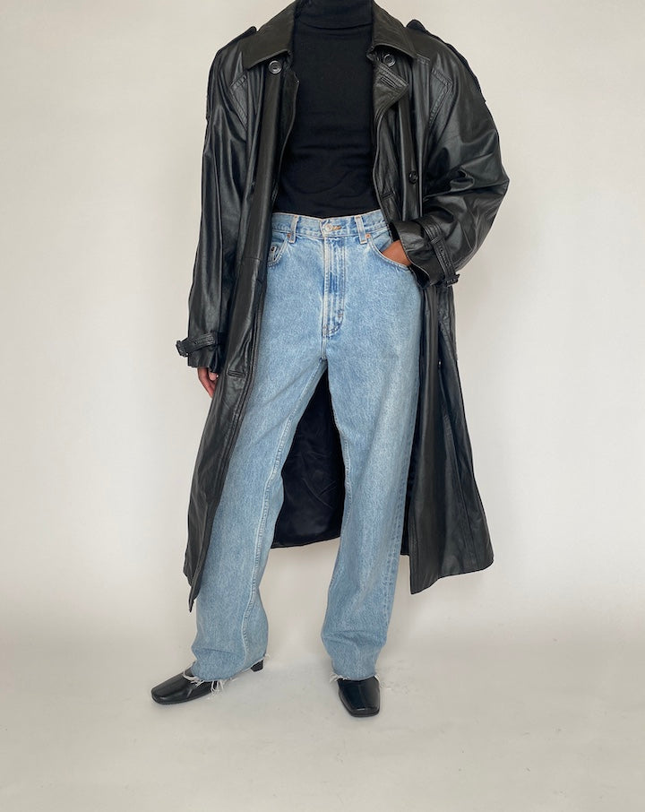 VINTAGE BLACK OVERSIZED LONG LEATHER COAT 4373