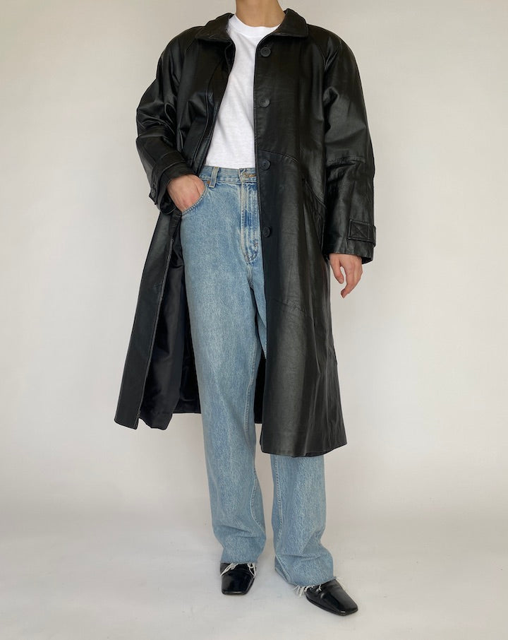 VINTAGE BLACK LONG LEATHER JACKET 4519