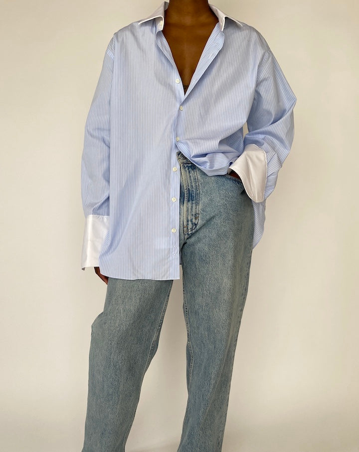 VINTAGE OVERSIZED LIGHT BLUE AND WHITE STRIPED SHIRT 4543
