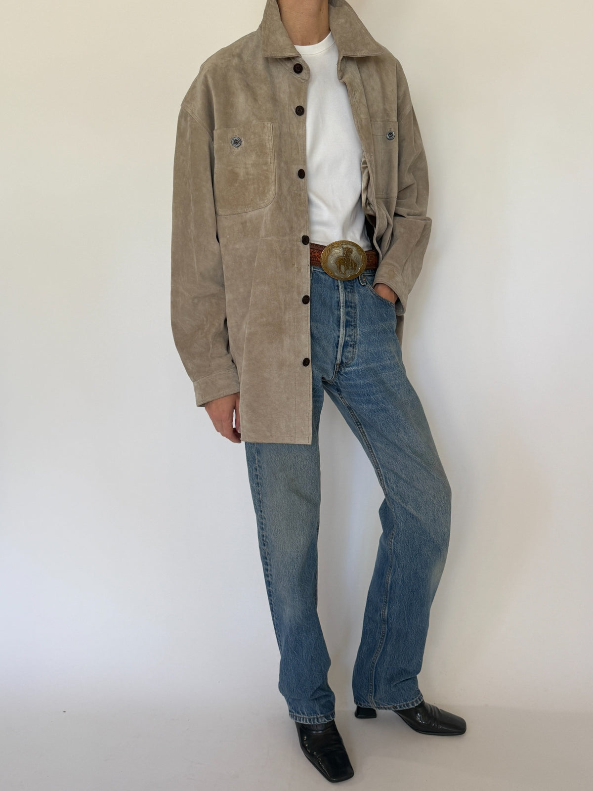 Vintage taupe suede leather jacket, view 1