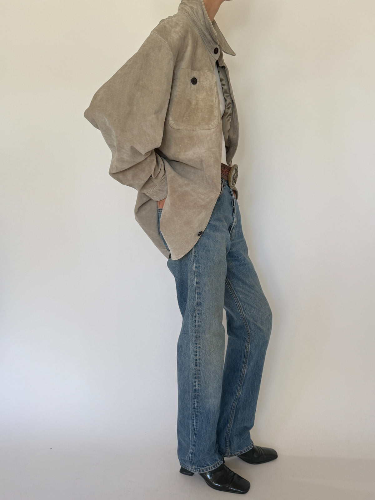 Vintage taupe suede leather jacket, view 6