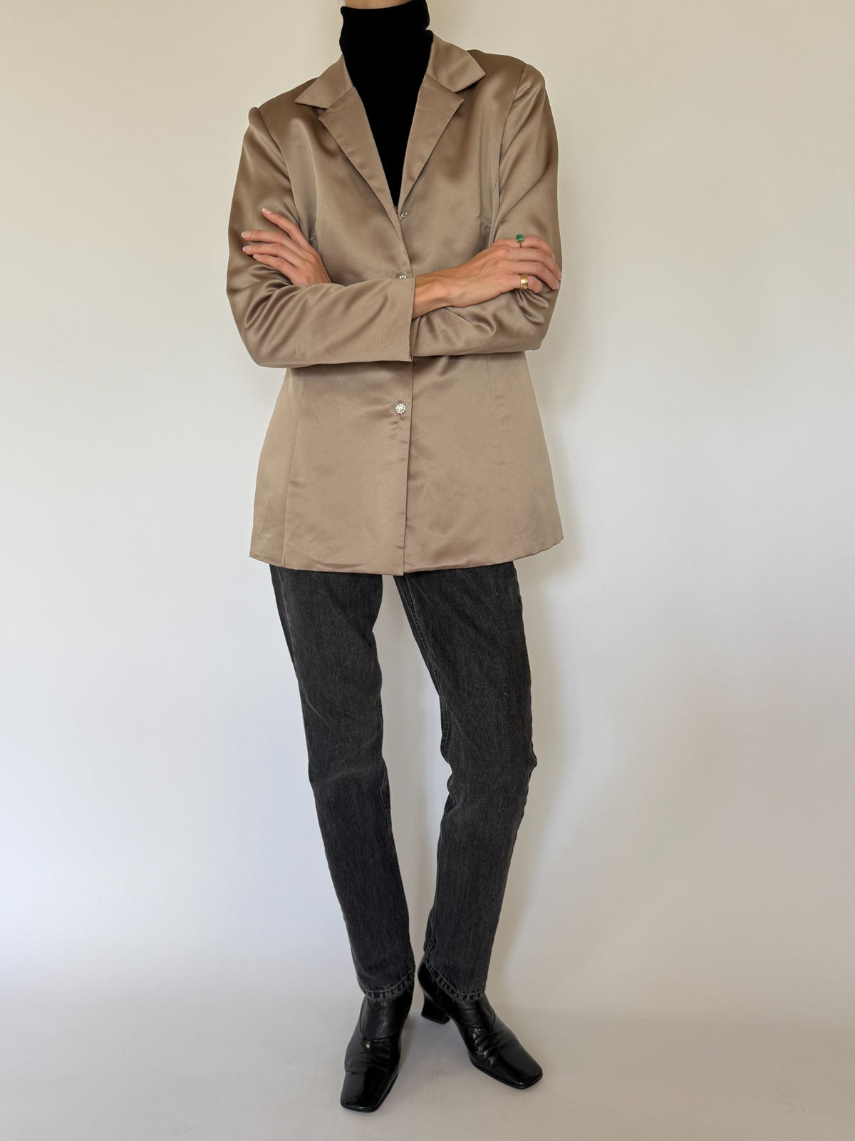 Vintage champagne satin blazer with rhinestone flower buttons