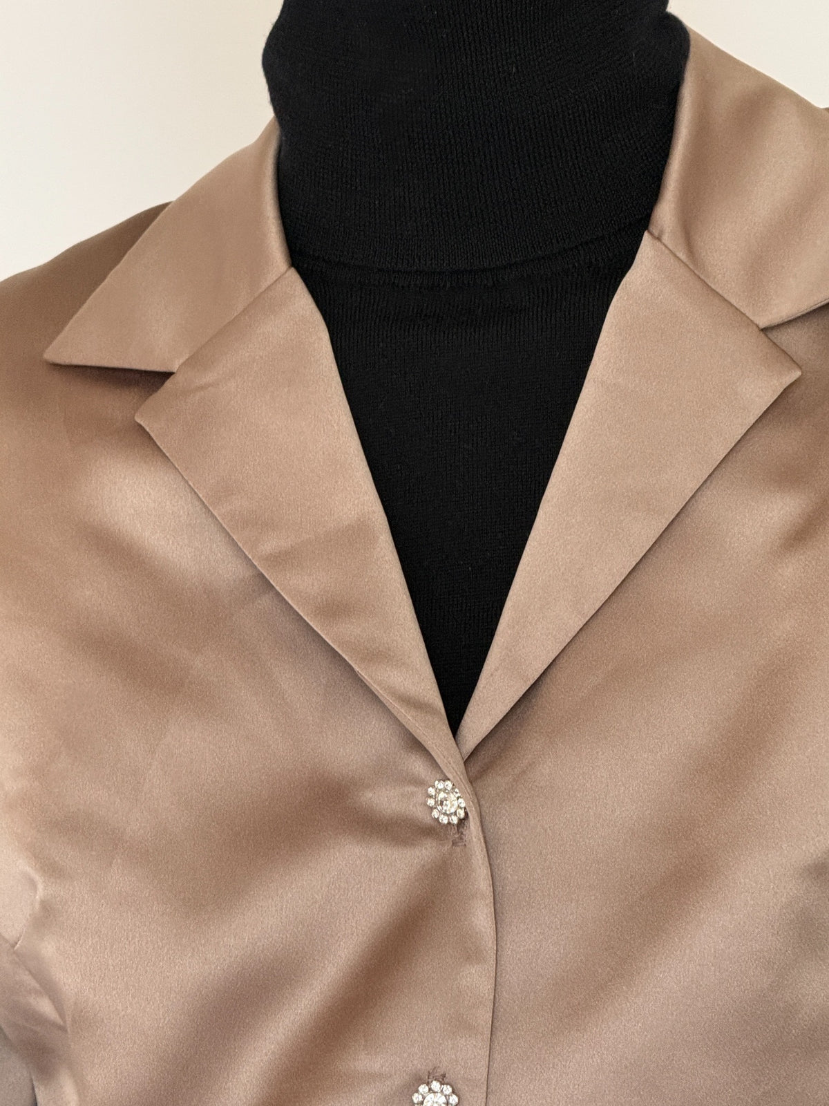 Vintage champagne satin blazer with rhinestone flower buttons