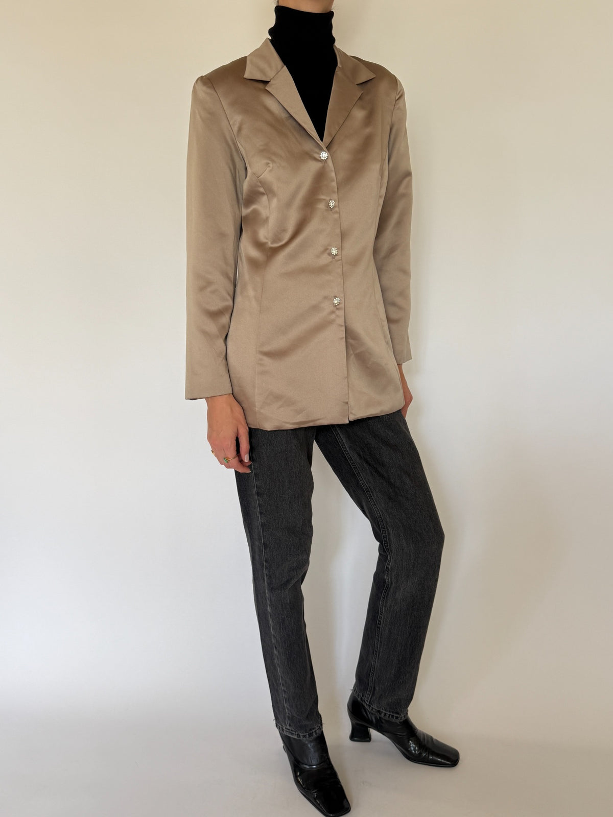 Vintage champagne satin blazer with rhinestone flower buttons