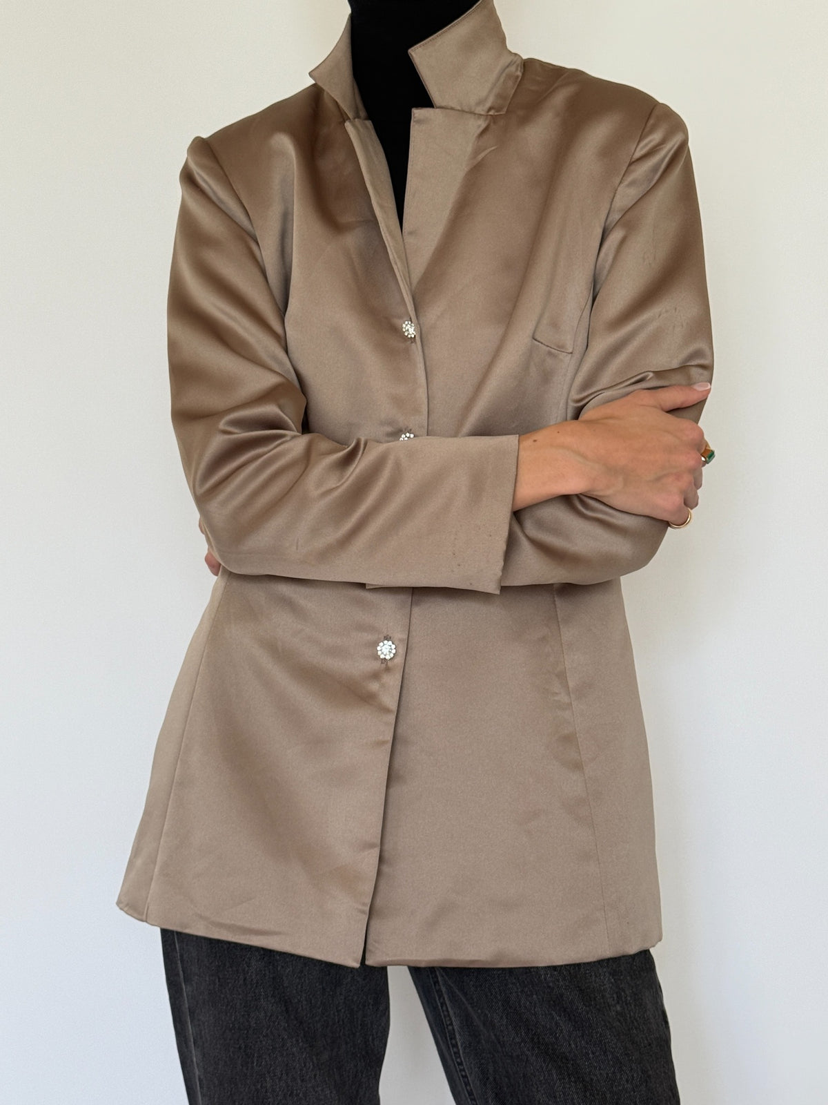 Vintage champagne satin blazer with rhinestone flower buttons