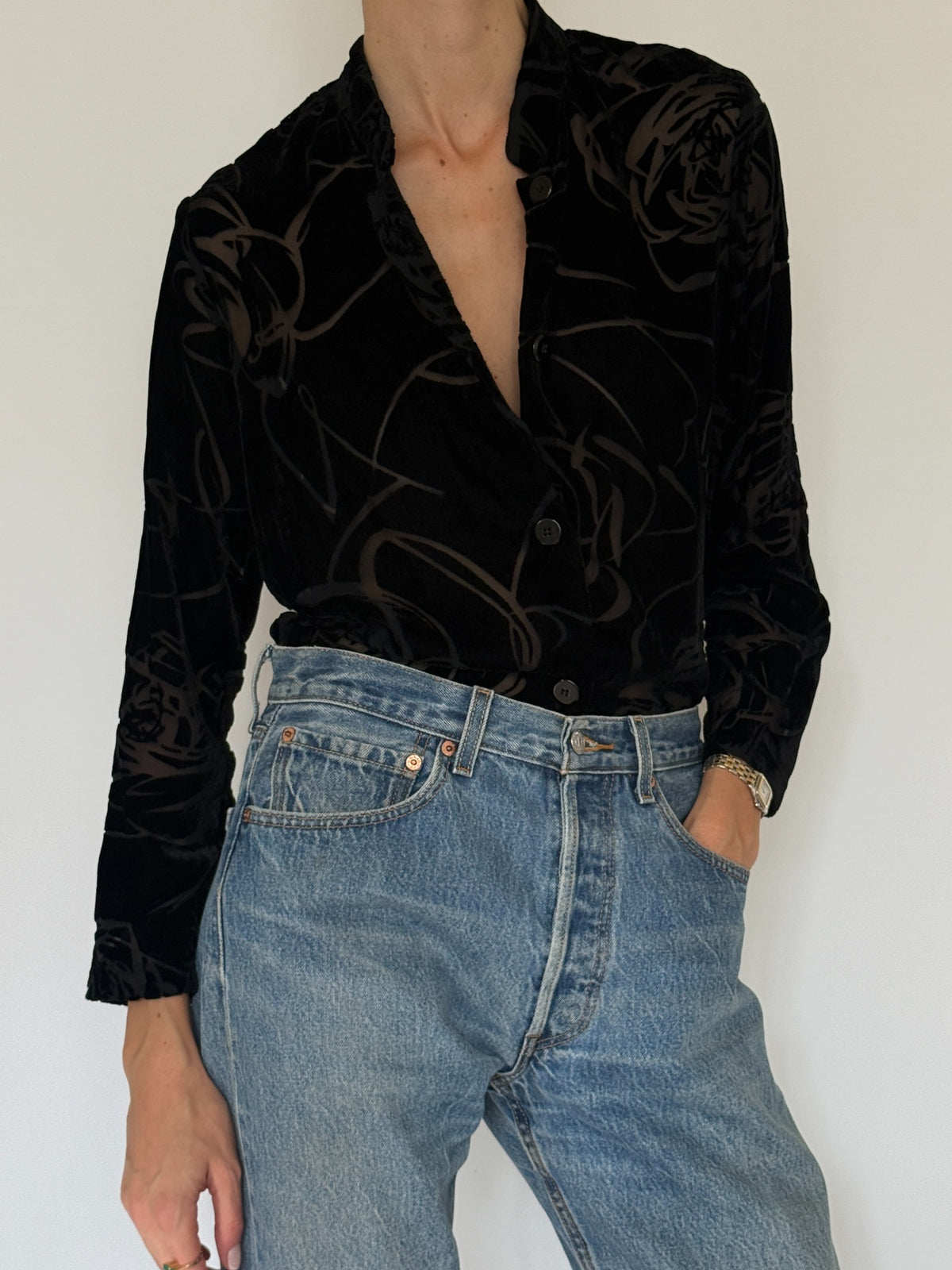 Black floral burnout velvet blouse, SVC 8574