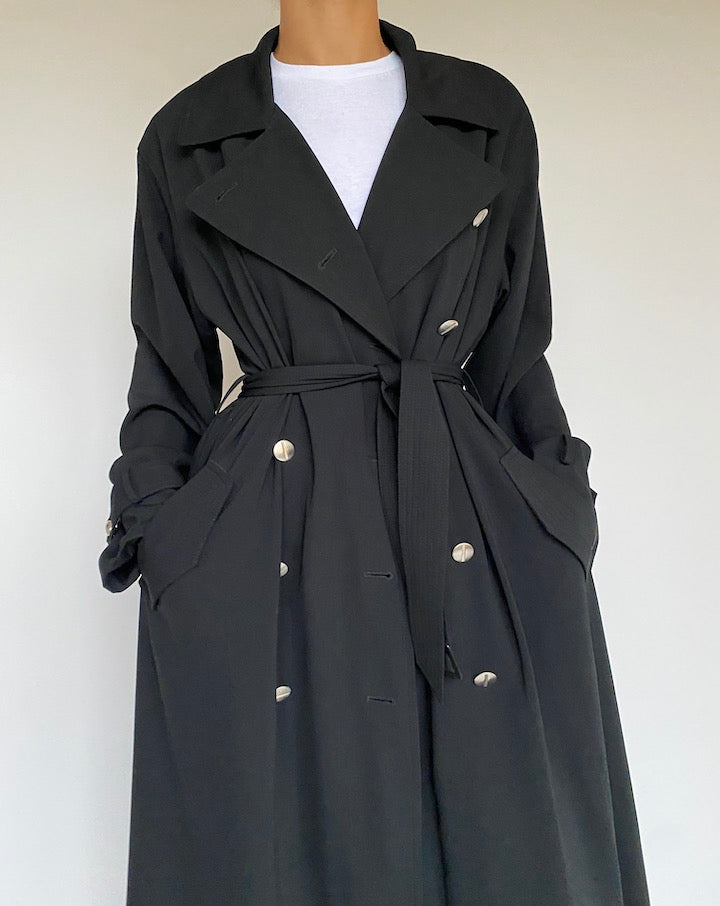 VINTAGE BEAUTIFUL BLACK LONG TRENCH COAT 1006-2