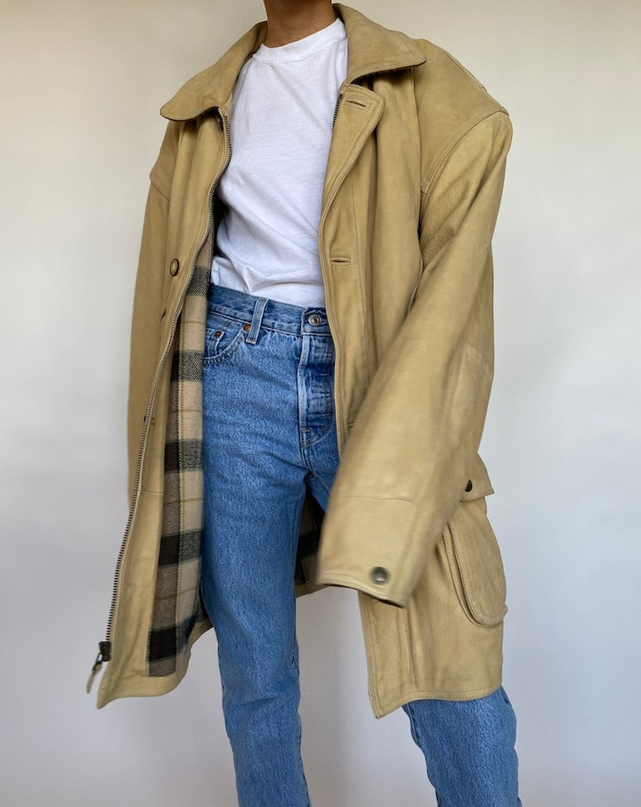 VINTAGE BEAUTIFUL LIGHT BEIGE LETHER JACKET 595-4