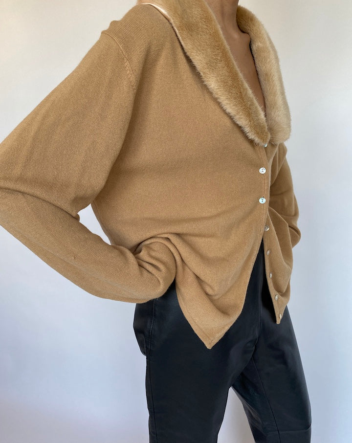 VINTAGE BEIGE CARDIGAN WITH FAUX FUR 549-3