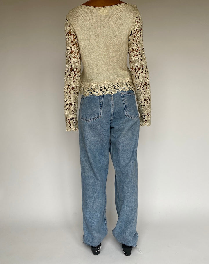 VINTAGE BEIGE CROCHET LONG SLEEVE TOP 711-2