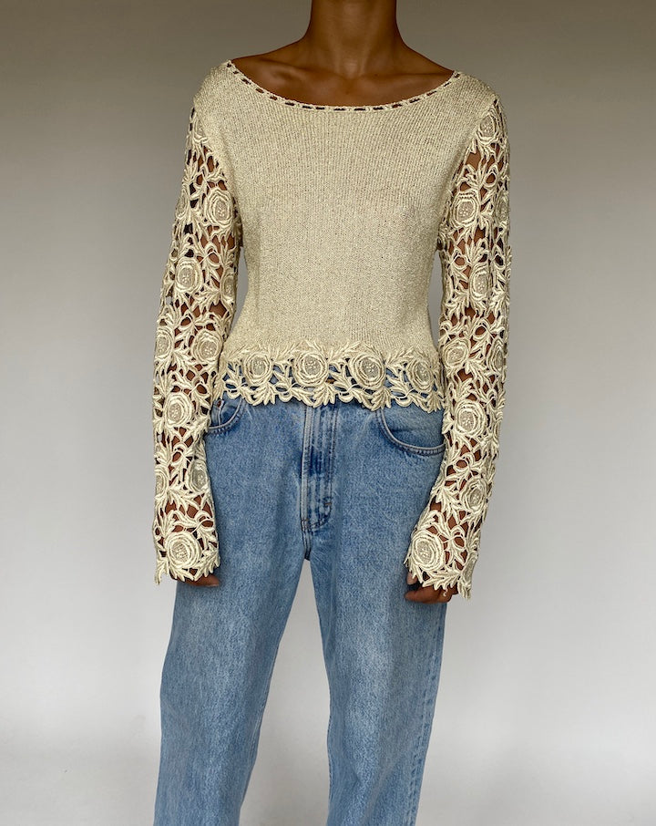 VINTAGE BEIGE CROCHET LONG SLEEVE TOP 711-4