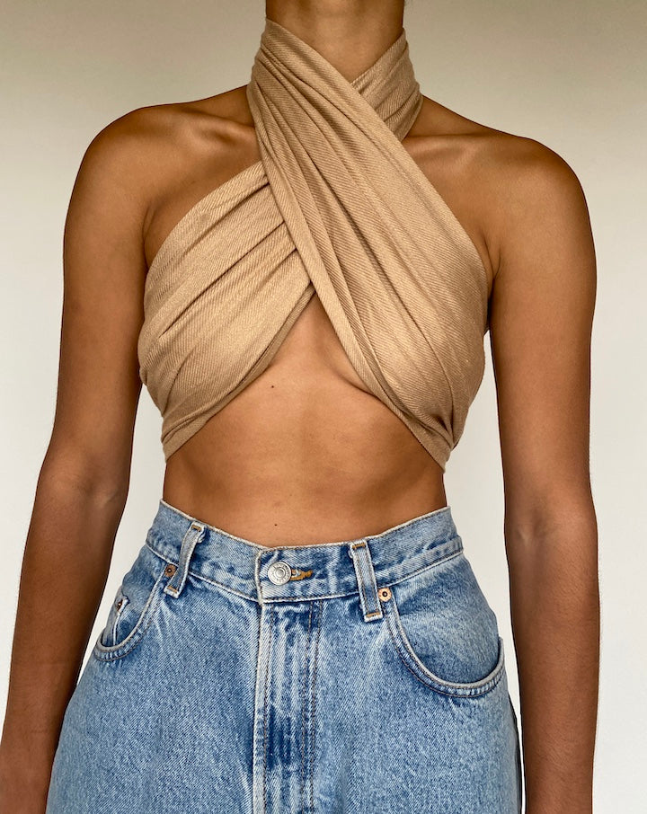 VINTAGE BEIGE SCARF WRAP TOP-3