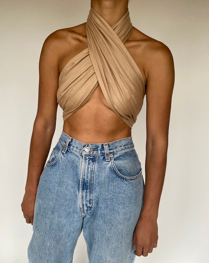 VINTAGE BEIGE SCARF WRAP TOP-4