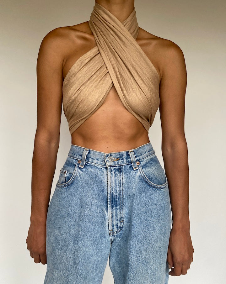 VINTAGE BEIGE SCARF WRAP TOP-5
