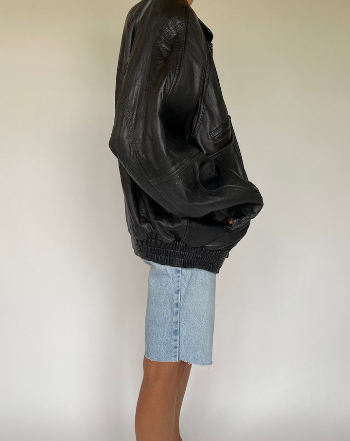 VINTAGE BLACK BOXY LEATHER JACKET 824-3