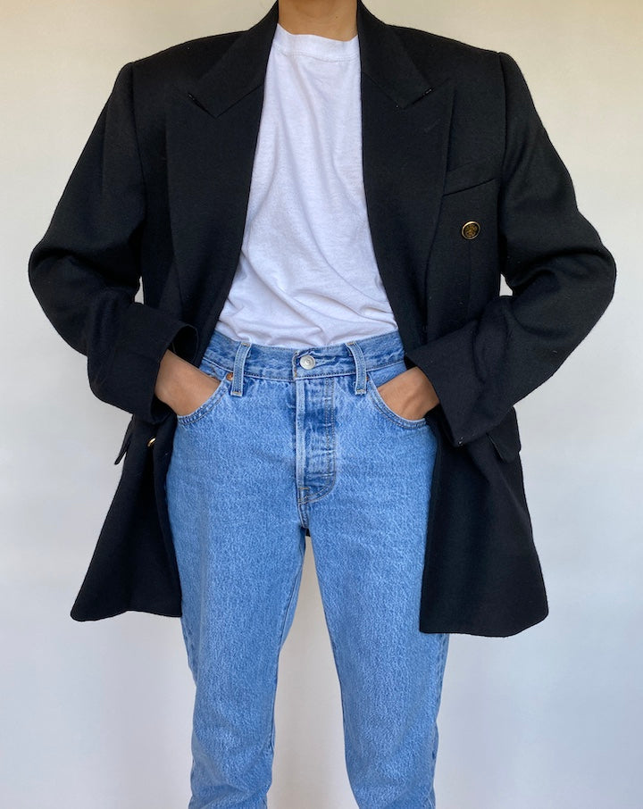 VINTAGE BLACK DOUBLE BREASTED BLAZER 087-3