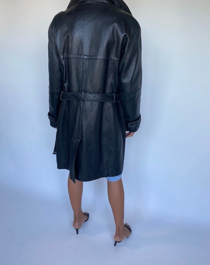 VINTAGE BLACK LEATHER TRENCH 915-2