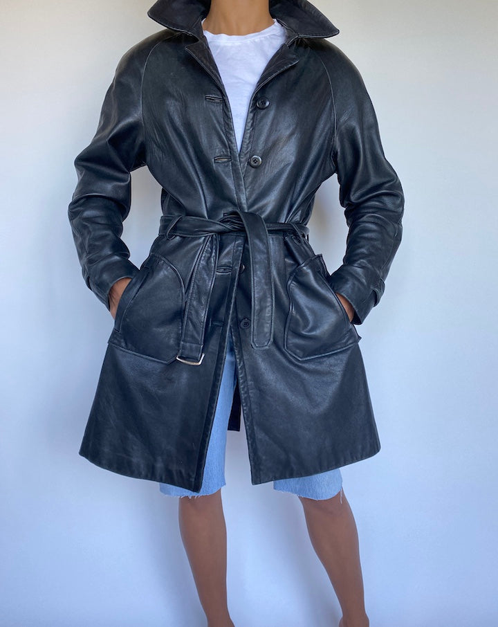 VINTAGE BLACK LEATHER TRENCH 915-4