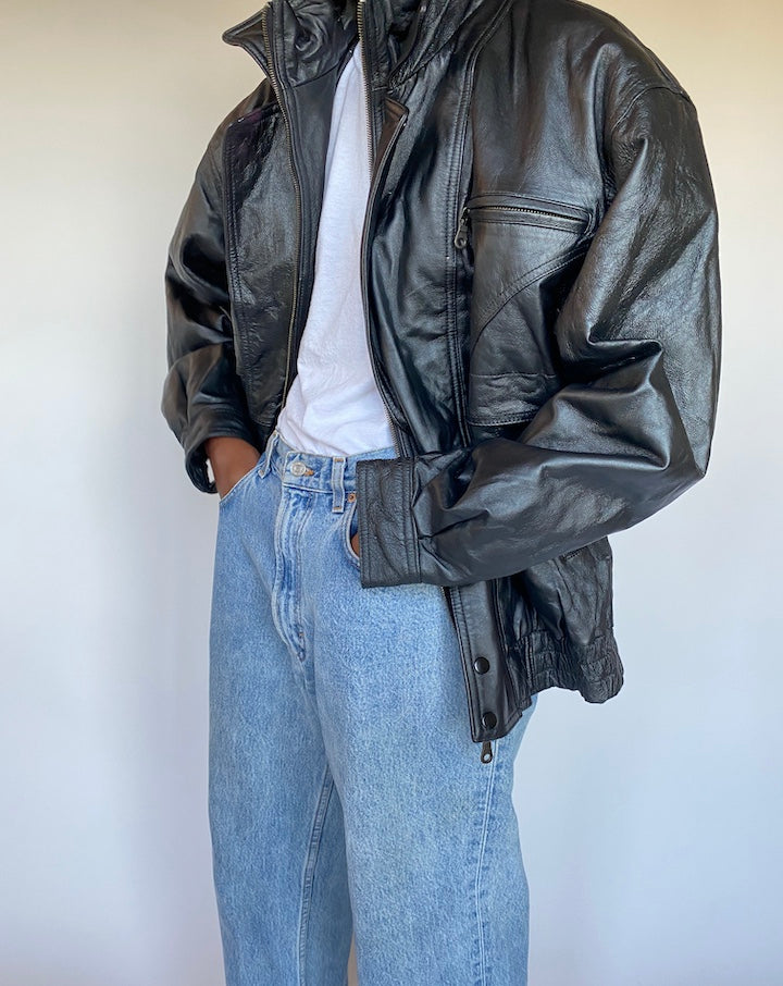 VINTAGE BLACK OVERSIZED LEATHER JACKET 1293-5