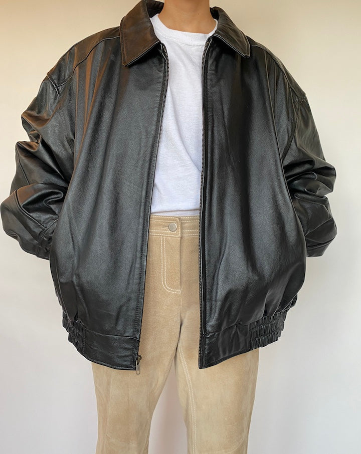 VINTAGE BLACK OVERSIZED LEATHER JACKET 583-3