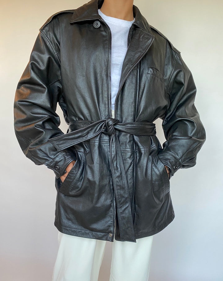 VINTAGE BLACK SHORT TRENCH LEATHER JACKET 406-2