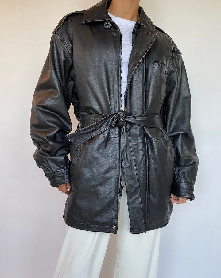 VINTAGE BLACK SHORT TRENCH LEATHER JACKET 406-3