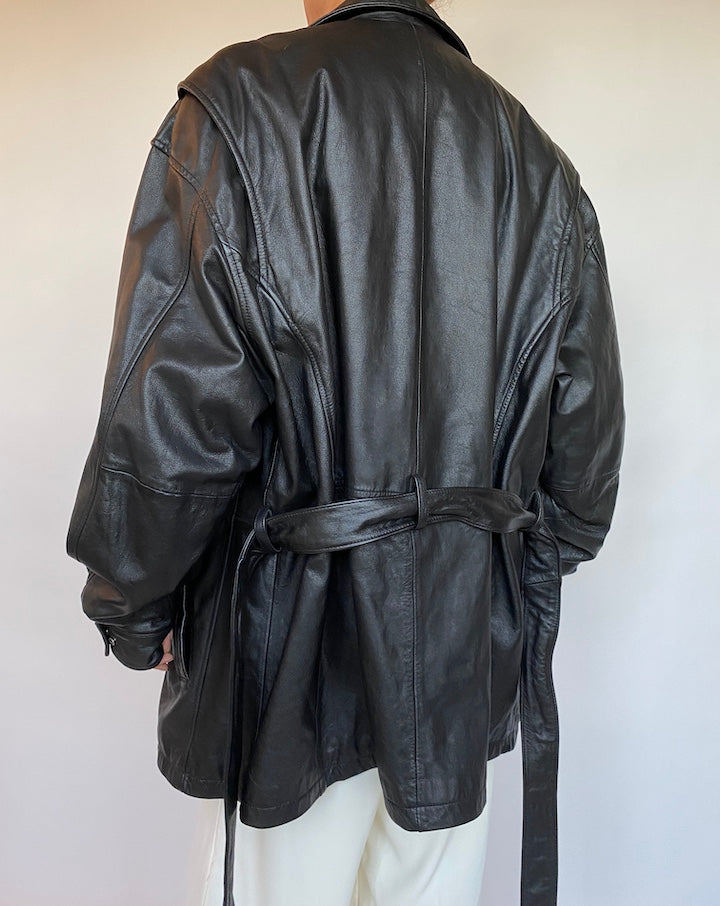 VINTAGE BLACK SHORT TRENCH LEATHER JACKET 406-5