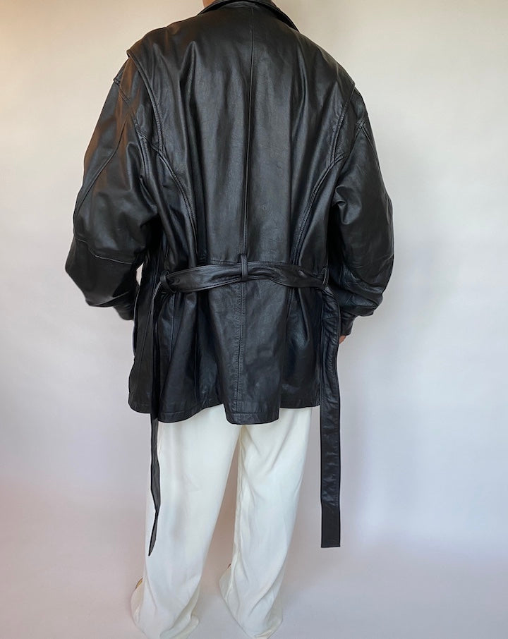 VINTAGE BLACK SHORT TRENCH LEATHER JACKET 406-6