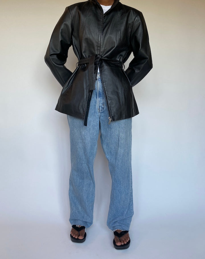 VINTAGE BLACK SHORT TRENCH LETHER JACKET 1288-2