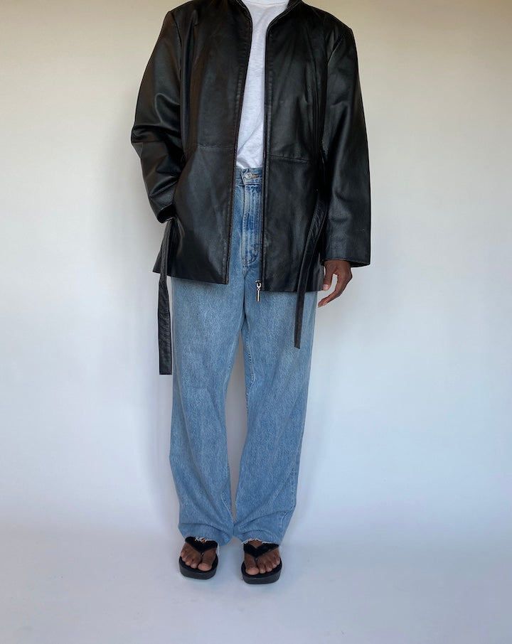 VINTAGE BLACK SHORT TRENCH LETHER JACKET 1288-3