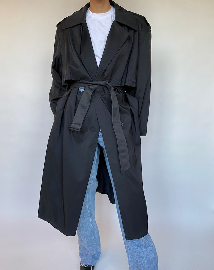 VINTAGE BLACK TRENCH COAT 534-4