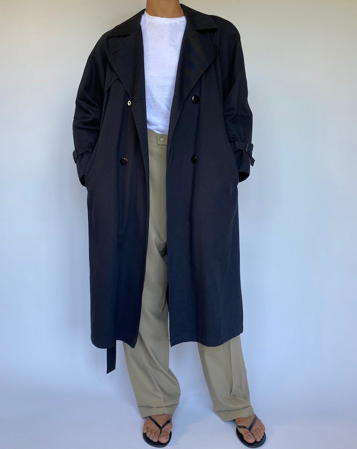 VINTAGE BLACK TRENCH COAT 966-4